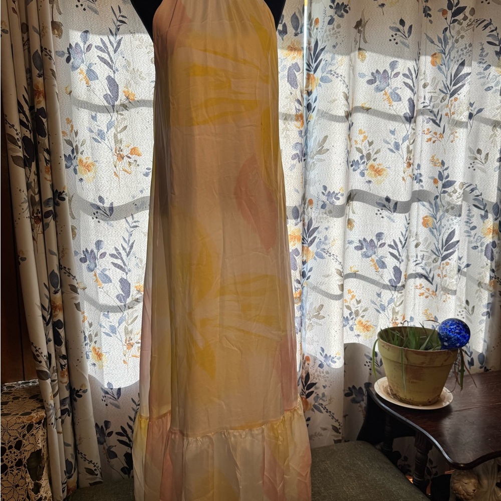 Ador Pastel Yellow and Pink Watercolor Maxi Dress